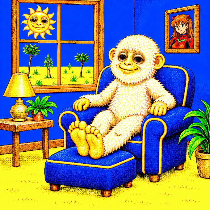 An illustrated cartoon monkey with white fur sits relaxed in a blue armchair in a brightly colored room, with a smiling sun visible through a window and a framed picture of an anime girl on the wall.