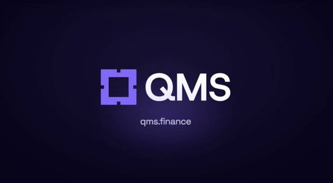 A dark purple branded graphic displaying the "QMS" logo alongside its stylized chip-like emblem, with the website "qms.finance" featured beneath. The image serves as a visual brand mark for the QMS Network, a Layer-1 blockchain built for the post-quantum era, directing viewers to join the project's waitlist.
