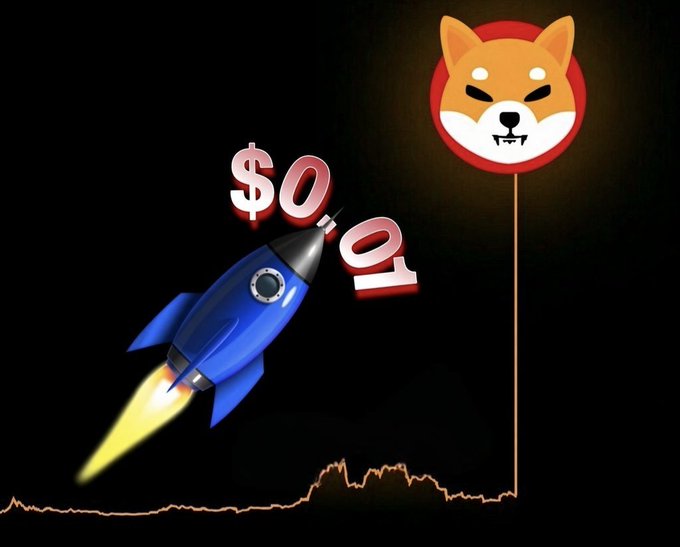 A meme graphic featuring a blue rocket ship launching toward the moon with a Shiba Inu dog face on it, displaying "$0.01" text and an upward trending price chart on a black background.