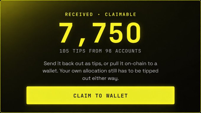 A digital dashboard displays "RECEIVED • CLAIMABLE" with a balance of 7,750 tokens (notably the image uses generic placeholder text rather than "$MOTION" from the post), received as 105 tips from 98 accounts, featuring a yellow "CLAIM TO WALLET" button. The accompanying post celebrates this accumulation of $MOTION tips and encourages redistributing the tokens back into the tip economy.
