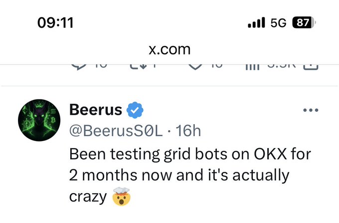 A screenshot of a tweet from verified user Beerus (@BeerusS0L) reading "Been testing grid bots on OKX for 2 months now and it's actually crazy 🤯," shared to mock the user's ignorance about grid trading bots, which the accompanying post suggests is actually a form of market making.