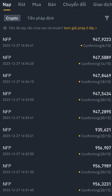 A Vietnamese crypto transaction history showing multiple NFP token deposits with amounts around 947,xxx and 956,xxx from December 27, 2023, with confirmation statuses.