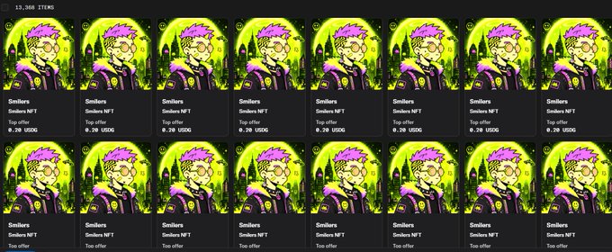 An NFT marketplace listing showing 12,368 items, featuring multiple copies of a 'Smilers NFT' with a 0.20 USDC top offer.