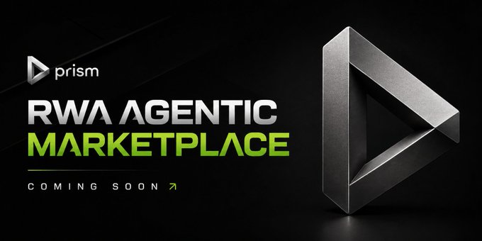 A sleek promotional graphic with a dark background featuring a metallic triangular prism logo on the right and text reading "prism | RWA AGENTIC MARKETPLACE | COMING SOON" with a green arrow. The image advertises Prism's upcoming agentic marketplace for building and managing baskets, ETFs, and indexes of real-world assets, aligning with the post's announcement about Diamond dApp features and agent-managed strategies.