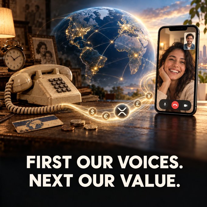 A digital communication graphic featuring a vintage rotary phone, a globe with network connections, a smartphone showing a video call, and the text 'FIRST OUR VOICES. NEXT OUR VALUE.'