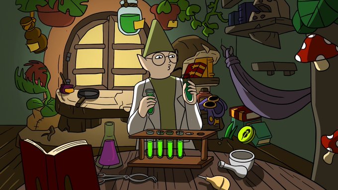 A bespectacled gnome in a pointed green hat works in a cozy potions lab filled with bubbling flasks, mushrooms, and apothecary tools. The whimsical scene fits the "Gnome Child" meme theme referenced in the post, which teases the upcoming $GNOME token launch on Robinhood by blending classic internet nostalgia with a new meme coin debut.