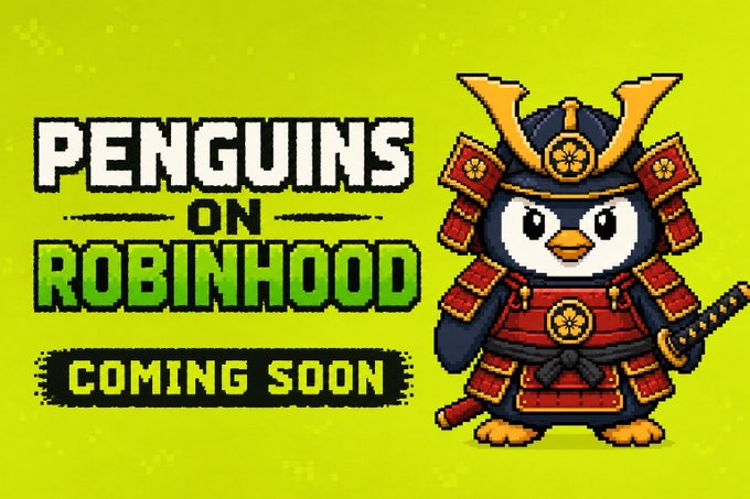 A promotional graphic on a green background reading 'PENGUINS ON ROBINHOOD COMING SOON,' featuring a penguin character dressed in samurai armor.