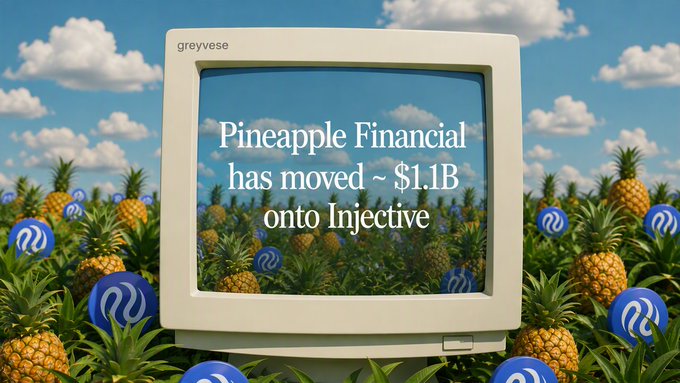 A retro computer monitor displayed in a pineapple field with Injective (INJ) logos, showing the text 'Pineapple Financial has moved ~ $1.1B onto Injective' on the screen.