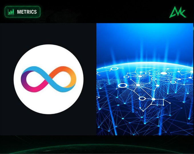 A presentation slide labeled 'METRICS' showing the colorful infinity-style loop logo on the left and a glowing blue blockchain network visualization on the right.