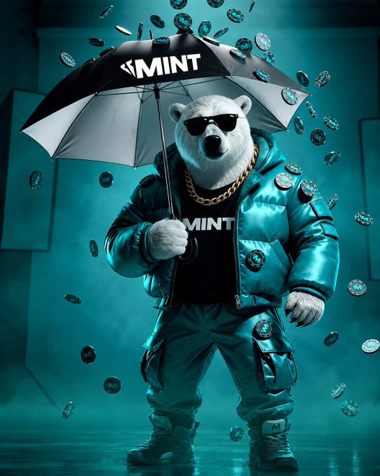 A digital illustration shows an anthropomorphic polar bear wearing sunglasses, a gold chain, and a teal puffer jacket, holding an umbrella branded with "MINT" while coins rain down around him.