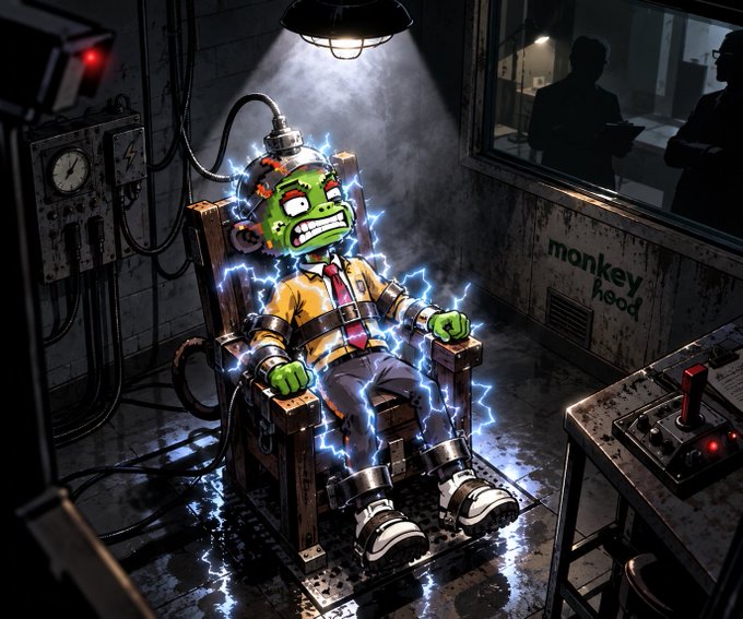 A digital illustration of a green-skinned character strapped to an electric chair, with lightning coursing through their body. The scene is set in a grim laboratory with two silhouetted figures watching through a window and the text 'monkey head' on the wall.