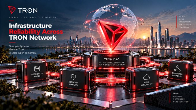 A promotional graphic for the 'TRON' blockchain network, displaying a glowing red diamond logo over a futuristic city and outlining 'Infrastructure Reliability Across TRON Network' with features like 'DISTRIBUTED NODES' and 'NETWORK STABILITY'.