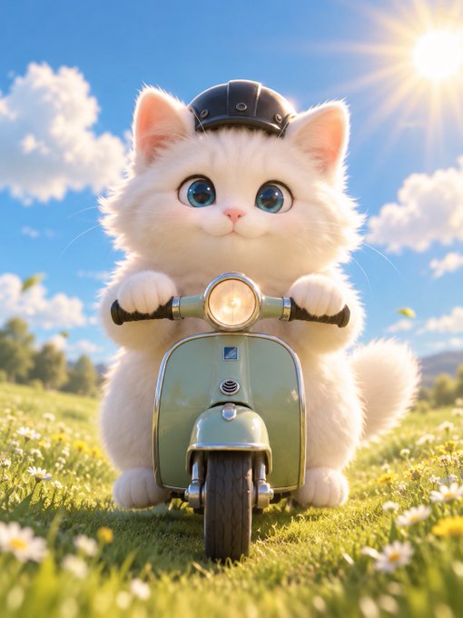An adorable fluffy white kitten wearing a black helmet rides a mint green Vespa scooter through a sunny meadow filled with wildflowers. The whimsical image perfectly captures the playful spirit of "Hop on! we're just getting started," inviting viewers to join an exciting new adventure.