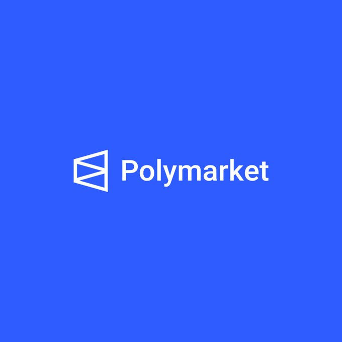 The image shows the Polymarket logo in white text on a solid blue background. It serves as a brand identifier for the prediction market platform referenced in the news about JPMorgan ending its banking relationship with the company.