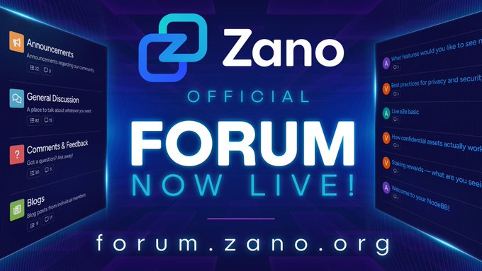 A promotional graphic for the 'Zano Official Forum NOW LIVE!' at forum.zano.org, showing forum categories like Announcements, General Discussion, Comments & Feedback, and Blogs on a dark blue background.
