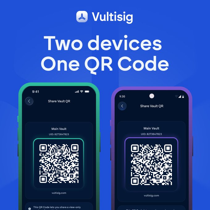 A Vultisig app promotional graphic showing two phones displaying the same 'Share Vault QR' code under the headline 'Two devices One QR Code'.