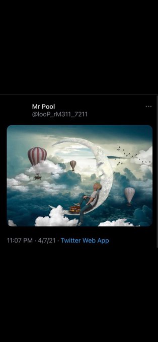 A surreal fantasy image posted by @looP_rM31l_7211 shows a child sitting on a crescent moon in a dreamy cloudscape with hot air balloons, fitting the "To the moon!" sentiment as a whimsical take on the phrase.