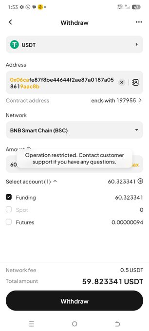 Mobile withdrawal screen for USDT token showing operation restricted message, with address 0x06cfe87f8bbe44644f2ae87a0187a0586179ac6b on BNB Smart Chain (BSC) network and a total amount of 59.823341 USDT.