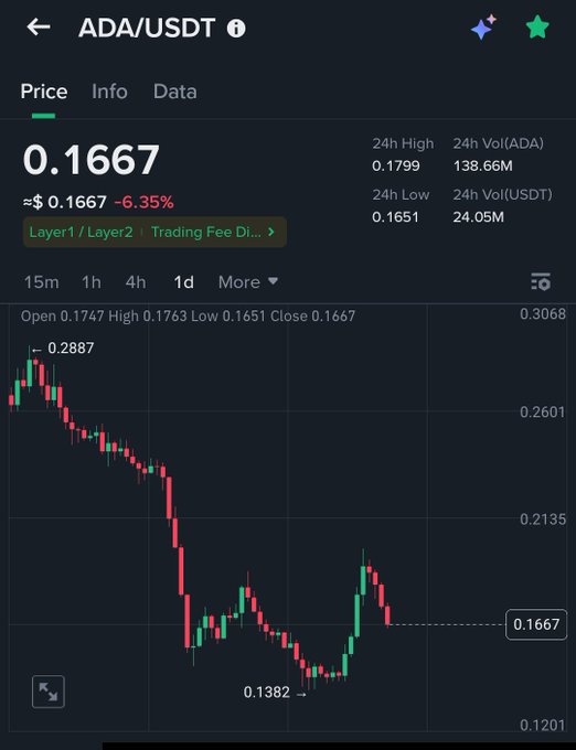 Mobile cryptocurrency trading app screenshot showing ADA/USDT pair priced at 0.1667, down 6.35%, with 24h high of 0.1799, low of 0.1651, and a 1-day candlestick chart depicting a significant price drop.