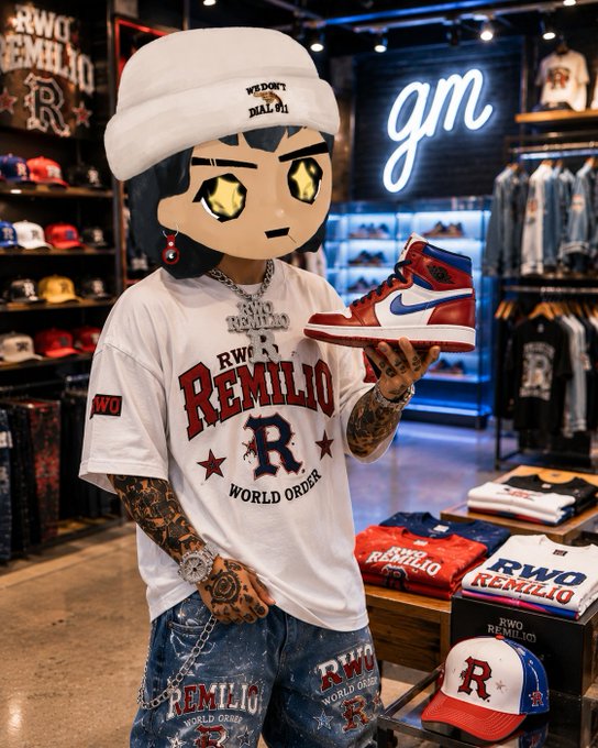 A cartoon-style figure with large eyes, wearing a white 'RWG REMILIO WORLD ORDER' t-shirt and jeans, holds a red, white, and blue Nike Air Jordan 1 sneaker in a retail store.