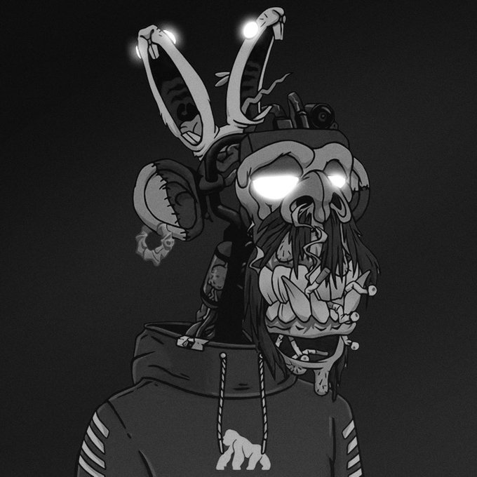 A grayscale, horror-styled remix of a Bored Ape Yacht Club NFT, featuring glowing eyes, sharp teeth, and a menacing rabbit-eared skull emerging from the ape's head, paired with a dark hoodie bearing the BAYC logo. The image aligns with the post's playful suggestion to "go into dark mode," offering an eerie, black-and-white reinterpretation of the iconic NFT character.