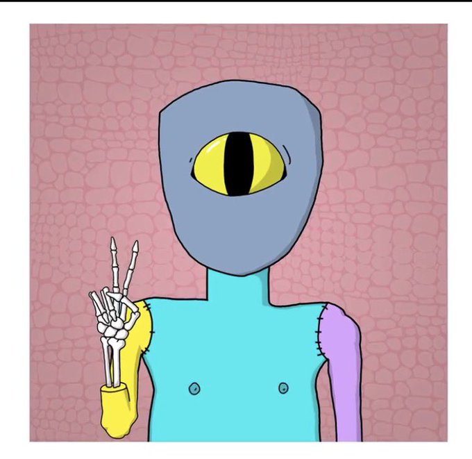 A cartoon-style drawing of a grey, one-eyed creature with colorful patchwork body (yellow and purple limbs) holding up a skeletal hand making a peace sign.