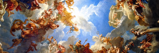 A classical Baroque-style ceiling fresco depicting mythological figures, cherubs, and deities swirling among clouds in a heavenly scene.