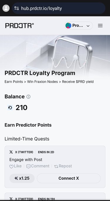 A mobile screenshot of the PRDCTR Loyalty Program page (hub.prdctr.io/loyalty) showing a balance of 210 points and a limited-time quest to engage with a post on X (Twitter).