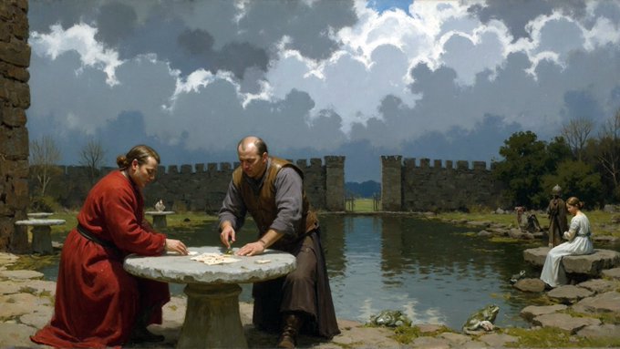 Two figures in medieval attire play a game on a stone table beside a tranquil moat framed by fortress walls and dramatic clouds, evoking a scene of quiet equilibrium that mirrors the "Equilibrium" mood and stable 0.73% price shift noted in the Panorama Tableau #75 caption.
