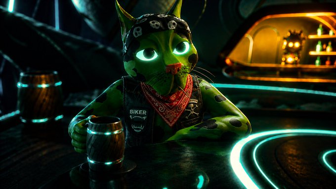 A 3D-rendered green cat character wearing a bandana, leather vest reading 'BIKER', and a cap with skull patterns sits at a neon-lit bar with a wooden mug.