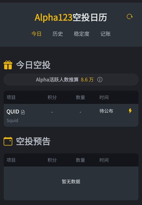 The image shows the "Alpha123空投日历" (Alpha123 Airdrop Calendar) webpage displaying today's airdrop section, featuring the QUID (Squid) airdrop with "待公布" (TBD) timing and a note that "Alpha活跃人数推算 8.6万" (estimated 86,000 active Alpha users), while the air drop preview section below shows "暂无数据" (no data yet), corresponding to the Binance Alpha airdrop schedule outlined in the post.