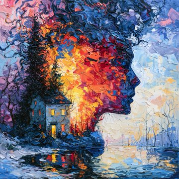 A vibrant impressionist-style painting depicting a woman's profile merged with a landscape featuring trees, a small house with lit windows, and a body of water reflecting warm orange and red hues.