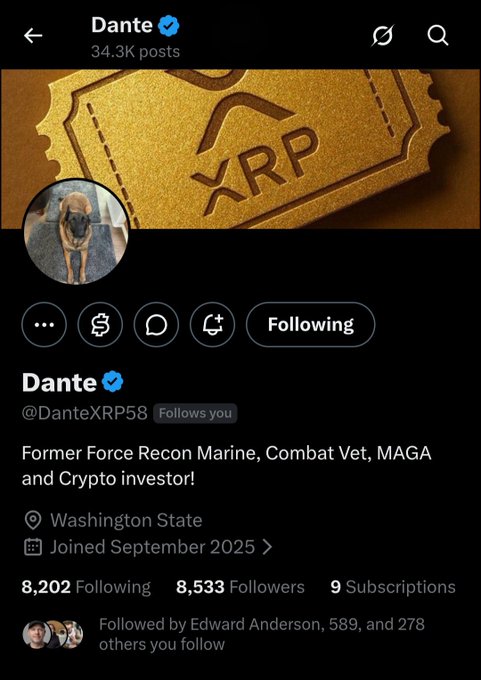 A screenshot of Dante's (@DanteXRP58) X (formerly Twitter) profile, featuring a golden XRP-themed banner image and a profile picture of a dog, with a bio describing him as a "Former Force Recon Marine, Combat Vet, MAGA and Crypto investor!" based in Washington State, having 8,533 followers and 34.3K posts. The image visually supports the accompanying post's shoutout by showcasing Dante's profile as a prominent member of the XRP HODL community.