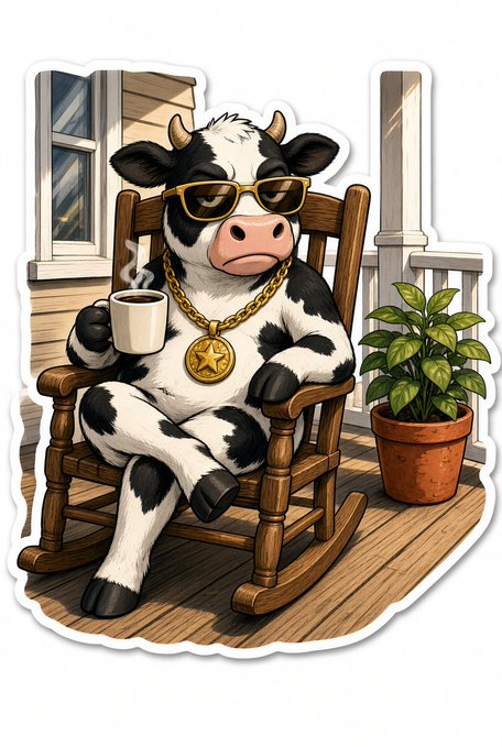 A cartoon sticker of a cow wearing sunglasses, a gold chain with a star pendant, and sitting in a rocking chair while holding a steaming mug of coffee on a porch.