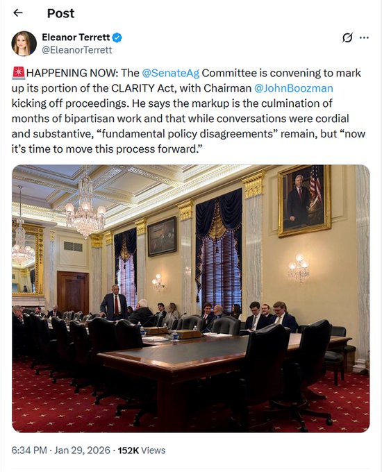 A tweet by Eleanor Terrett about the Senate Ag Committee convening to mark up the CLARITY Act, featuring a photo of a congressional committee meeting room.