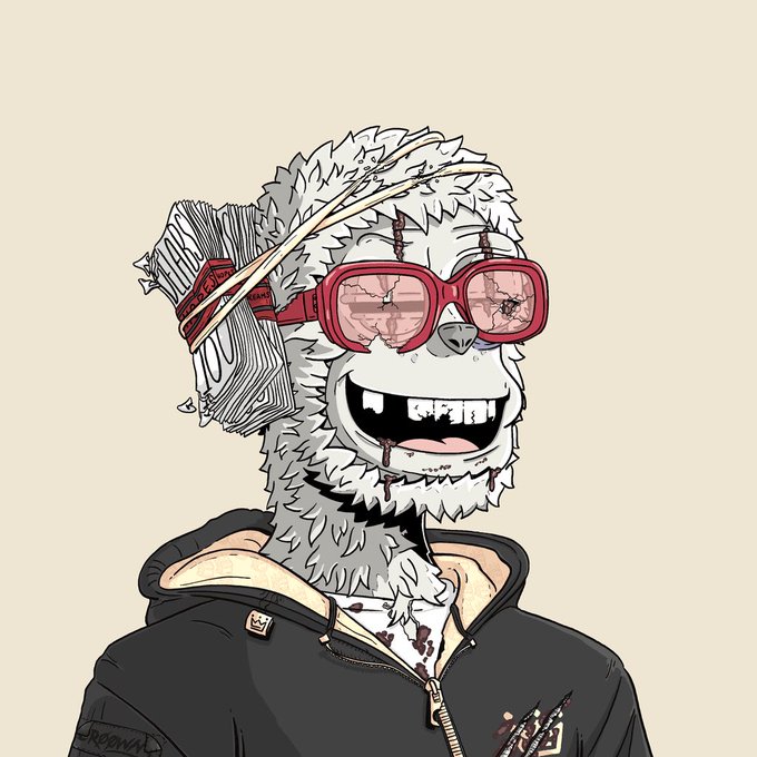An illustrated character with white fluffy hair, cracked red sunglasses, a wide grin showing missing teeth, and a stack of papers or money strapped to their head, wearing a black hoodie.