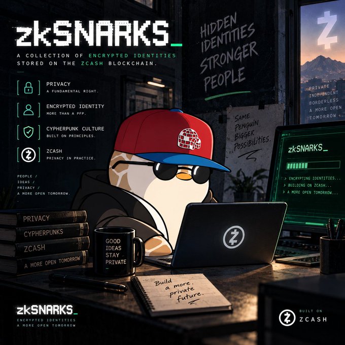 A promotional graphic for zkSNARKS, featuring a cartoon penguin in a red cap and sunglasses working on a laptop, with text highlighting 'PRIVACY', 'ENCRYPTED IDENTITY', 'CYPHERPUNK CULTURE', and 'ZCASH'.