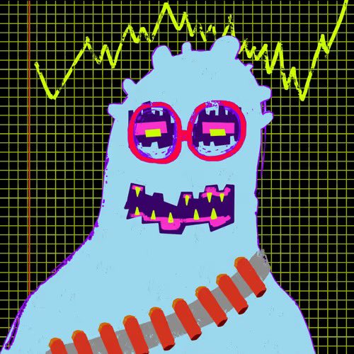 A pixelated/retro-style illustration of a blue monster character wearing pink sunglasses and a bandolier, set against a yellow grid background with a zigzag line graph.