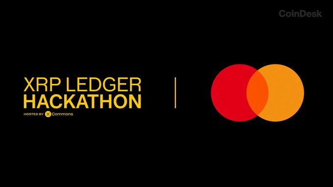 The image features the "XRP Ledger Hackathon" logo (hosted by AP Commons) alongside the Mastercard logo on a black background, with a "CoinDesk" watermark in the upper right corner. This visual pairs the two brands to illustrate Mastercard's sponsorship of the upcoming hackathon event in New York.