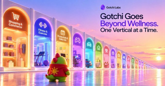 An advertisement for Gotchi Labs titled 'Gotchi Goes Beyond Wellness. One Vertical at a Time.' depicting a green character looking at a row of colorful arches labeled with categories like Shopping & Commerce and Fitness & Exercise.