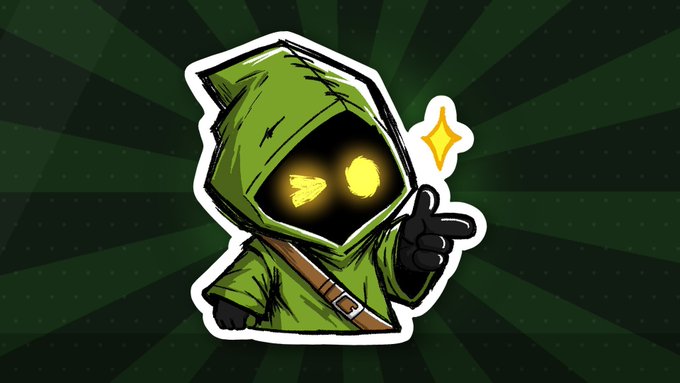A cartoon sticker of a hooded green character with glowing yellow eyes pointing toward a sparkling star, set against a dark green sunburst background. The whimsical mascot complements the playful, community-focused tone of the "All in @hoojafun" message.