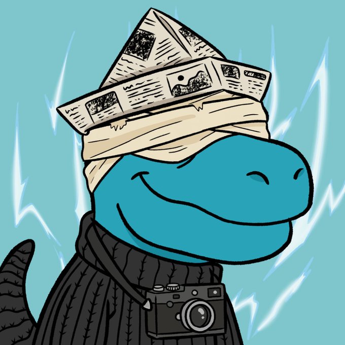 A cartoon illustration of a blue dinosaur-like character wearing a black ribbed turtleneck sweater, a camera around its neck, and a makeshift hat made from folded newspaper, smiling against a light blue background with lightning bolts.