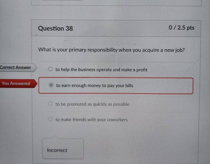 A screenshot of Question 38 from a quiz asking "What is your primary responsibility when you acquire a new job?" with the options shown and the answer "to earn enough money to pay your bills" marked as the user's incorrect selection, while "to help the business operate and make a profit" is flagged as the correct answer.

The post humorously jokes about the "NEET" (Not in Education, Employment, or Training) lifestyle and crypto, ironically pairing it with a quiz emphasizing that an employee's actual primary job responsibility is to help the business make a profit—not to just earn money without working.