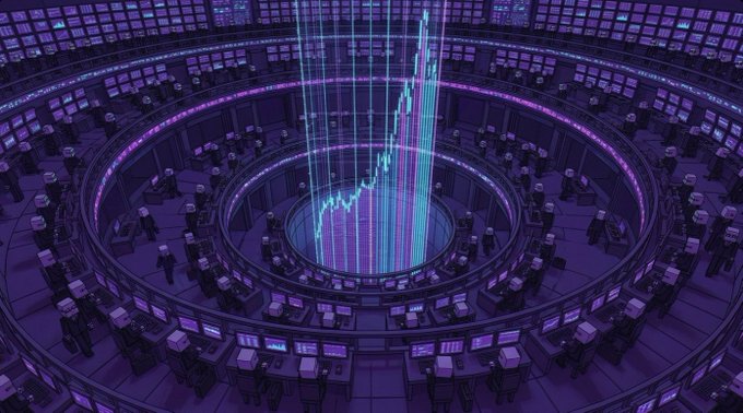 A futuristic amphitheater of trading desks glows with purple monitors as a massive holographic candlestick chart rises through the center, visually amplifying the post's report on burned tokens and locked liquidity. The towering price action mirrors the irreversible metrics—14,362,875 tokens burned and liquidity sealed under DeskLiquidityLock with no escape.