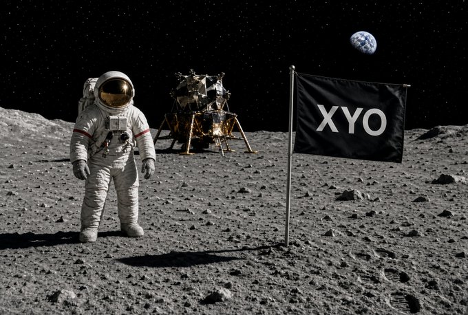 AI-generated image of an astronaut beside a lunar lander with a black 'XYO' flag planted on the moon's surface, Earth visible in the background.