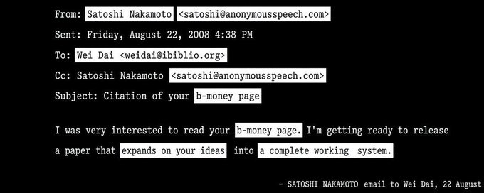 Screenshot of an email dated Friday, August 22, 2008, from Satoshi Nakamoto to Wei Dai with the subject 'Citation of your b-money page', mentioning his preparation to release a paper that expands on Dai's ideas into a complete working system.