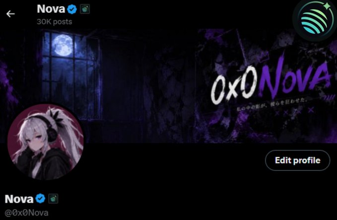 The image shows a social media profile for "Nova" (@0x0Nova), an anime-style avatar with white hair and a dark gothic banner featuring "0x0Nova" branding. The post celebrates receiving an affiliate badge from @jup_predict, tying the profile's cryptic "0x0" aesthetic to the prediction markets community milestone.