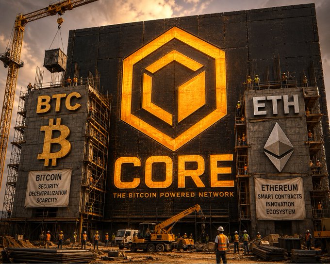 A construction site billboard displays a glowing orange hexagonal logo with "CORE" and "THE BITCOIN POWERED NETWORK," flanked by "BTC" (Bitcoin) and "ETH" (Ethereum) sections labeled with banners reading "BITCOIN SECURITY DECENTRALIZATION SCARCITY" and "ETHEREUM SMART CONTRACTS INNOVATION ECOSYSTEM."
