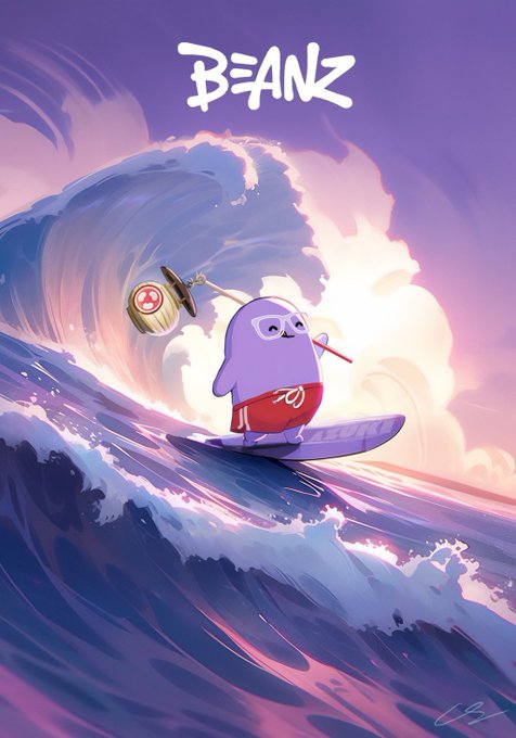 A purple bean-shaped character surfs a massive wave on a surfboard, carrying a shovel and a barrel marked with a red X. The stylized text "BEANZ" appears at the top, matching the post's theme.