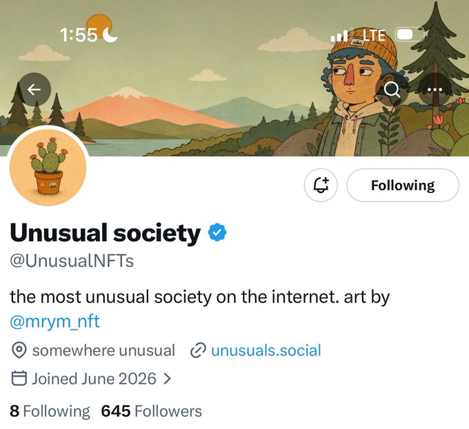 A Twitter profile page for "Unusual society" (@UnusualNFTs) featuring an illustrated banner of a character wearing a beanie in a scenic landscape, with a cactus profile picture, the tagline "the most unusual society on the internet. art by @mrym_nft", and showing 645 followers with a "Following" button.